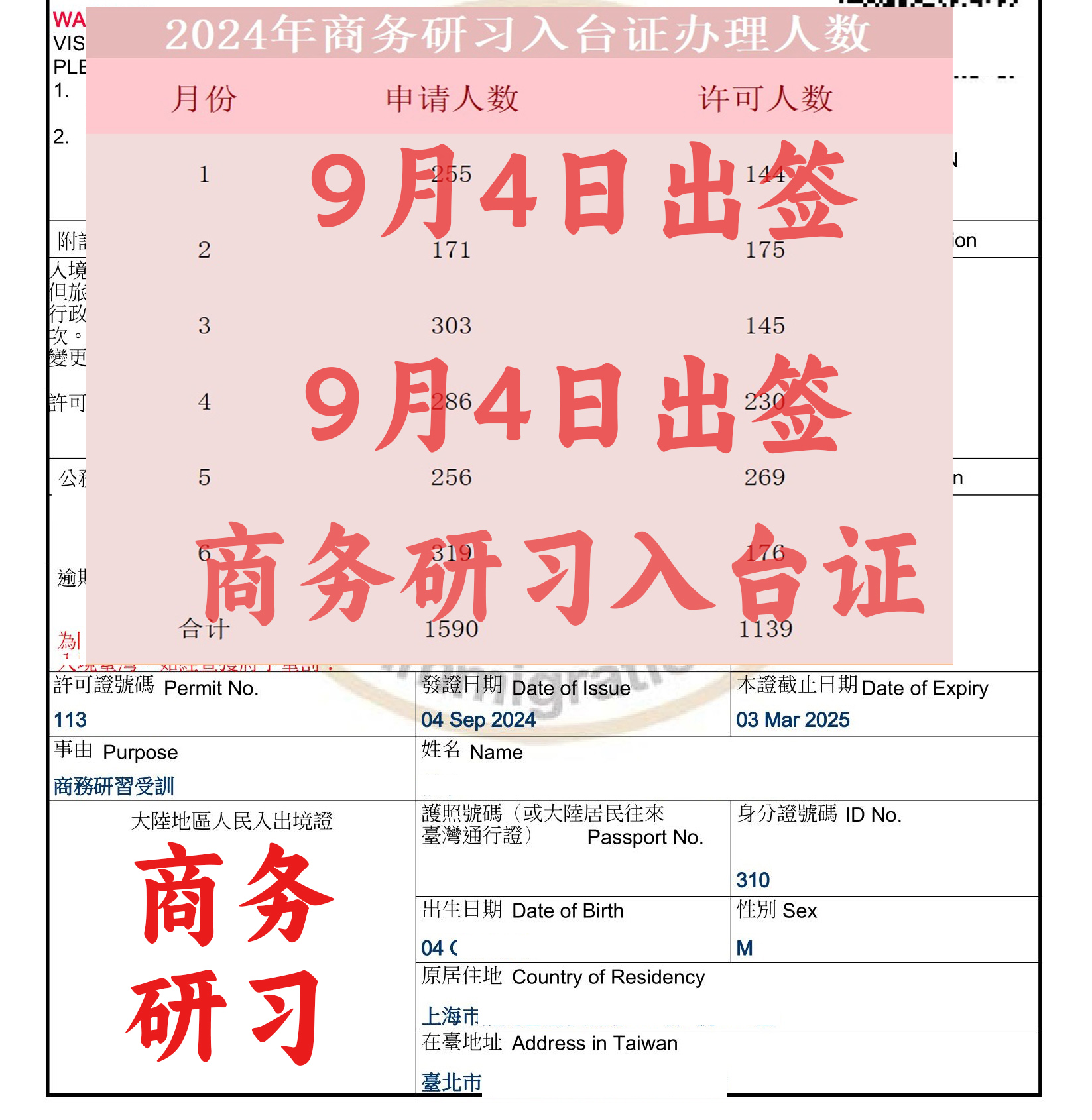 商務(wù)研習入臺證樣本